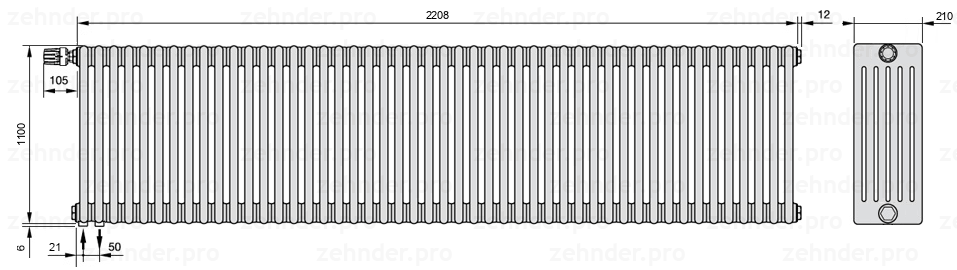 Схема (чертеж) Радиатор Zehnder Charleston 6110/48 №V001 Белый глянцевый RAL 9016